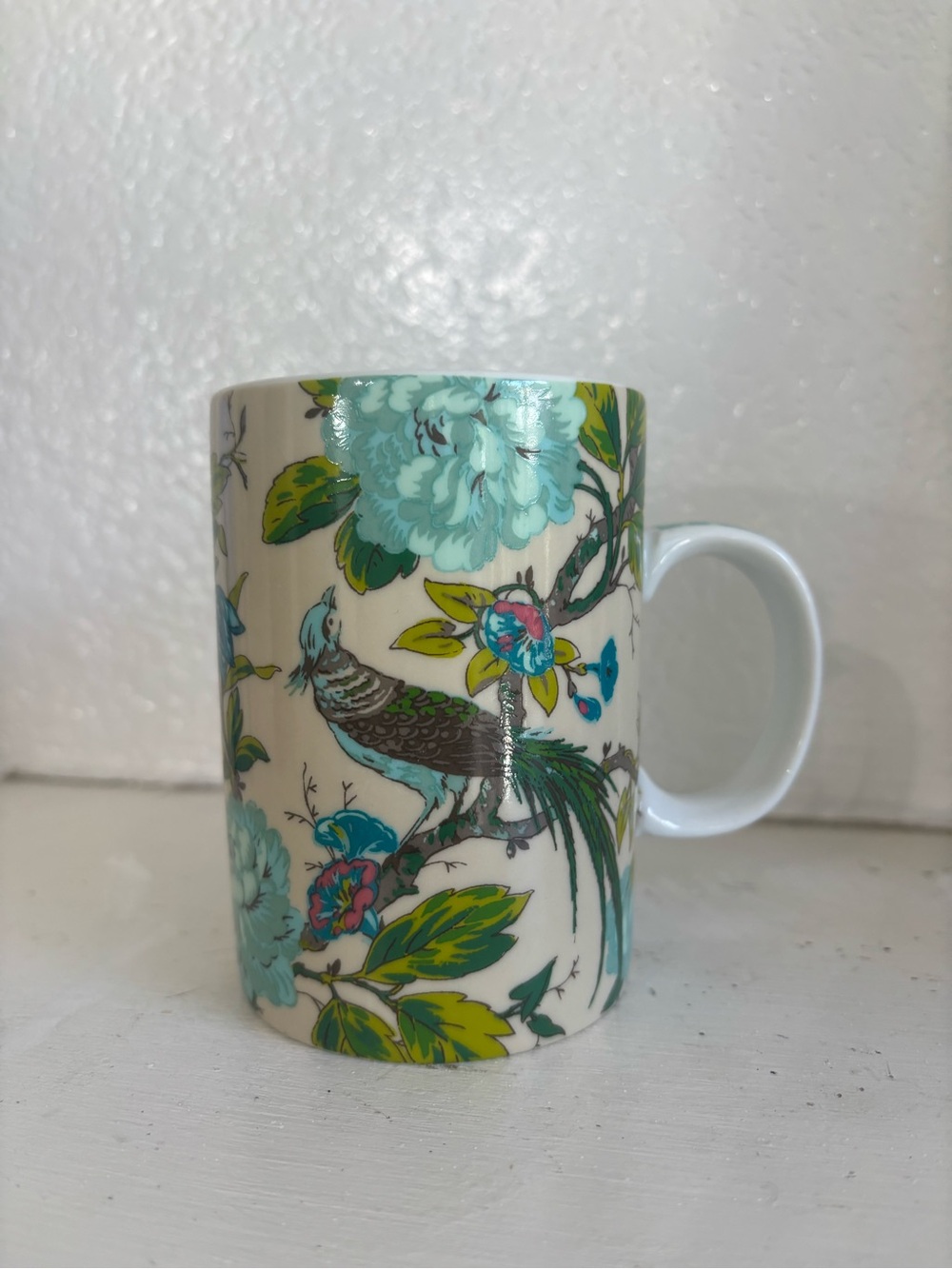 Cost Plus World Market Teal and Cream Floral Bird Peacock Ceramic Mug